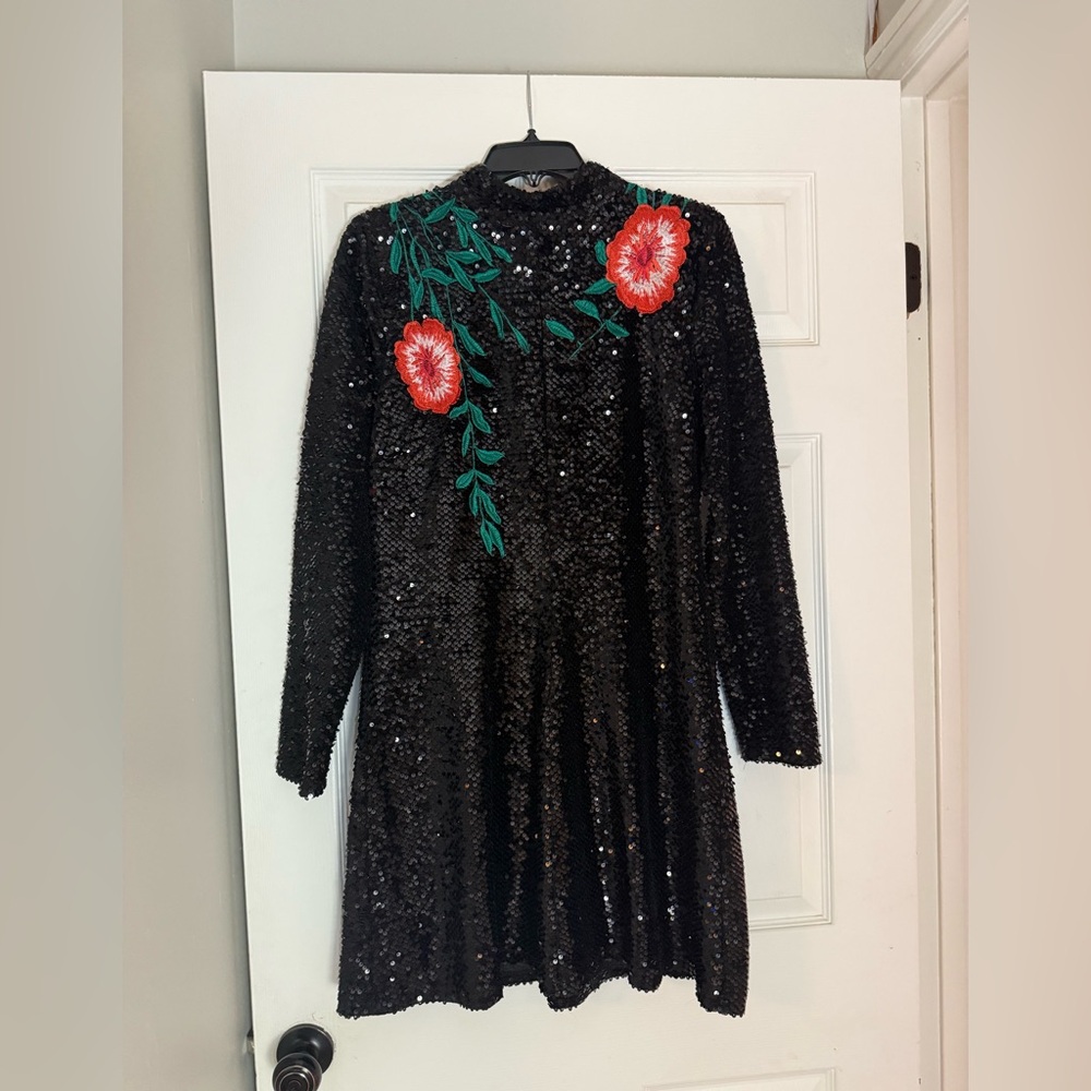 Gianni Bini Black Sequin Dress with Red Floral Design